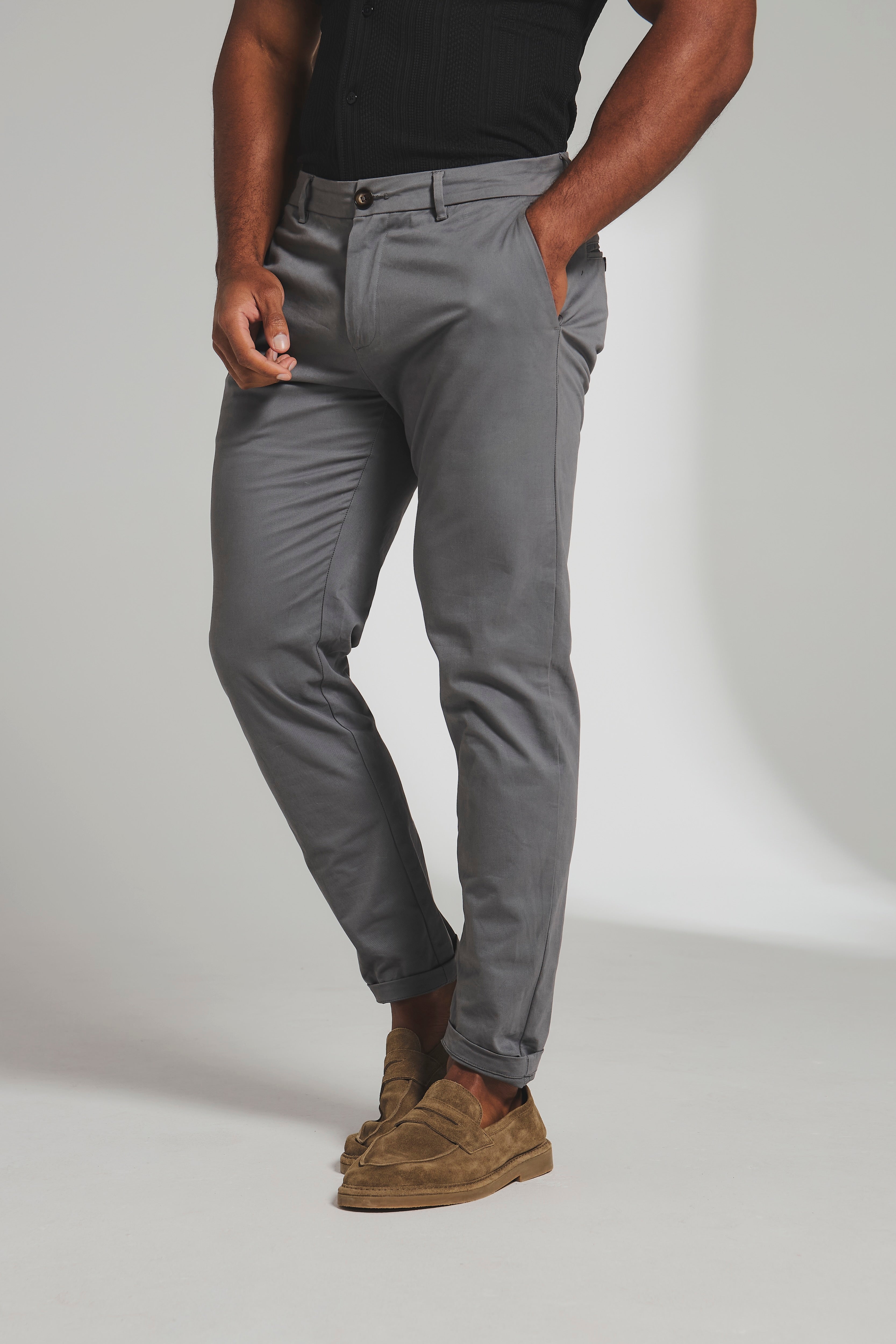 Muscle Fit Cotton Stretch Chino Trouser in Dark Grey