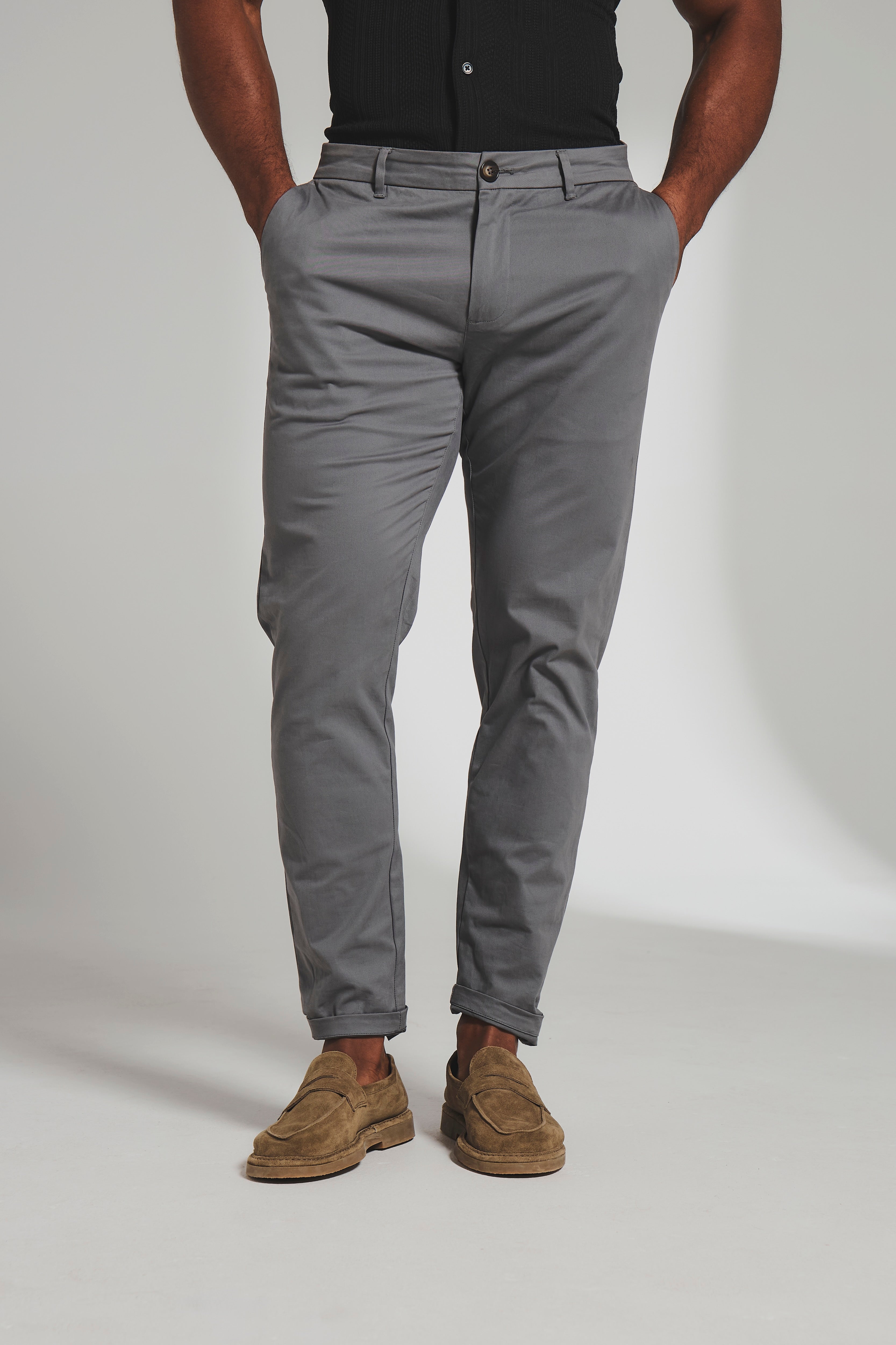 Muscle Fit Cotton Stretch Chino Trouser in Dark Grey