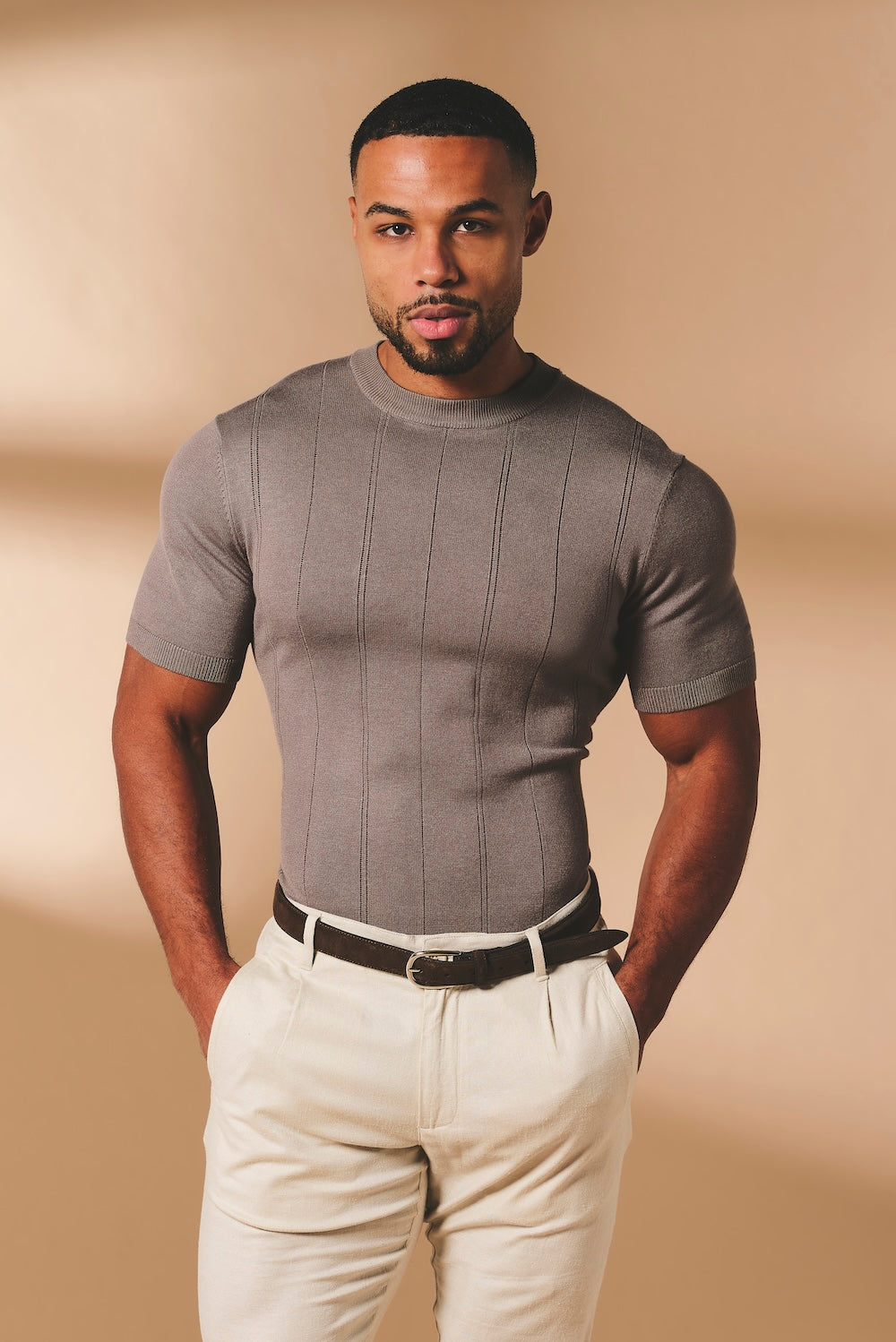 Vertical Stripe Knitted T-Shirt in Taupe