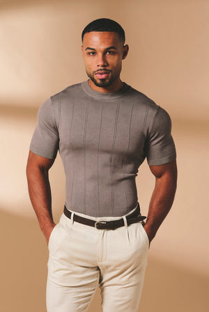 Vertical Stripe Knitted T-Shirt in Taupe