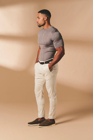 Vertical Stripe Knitted T-Shirt in Taupe