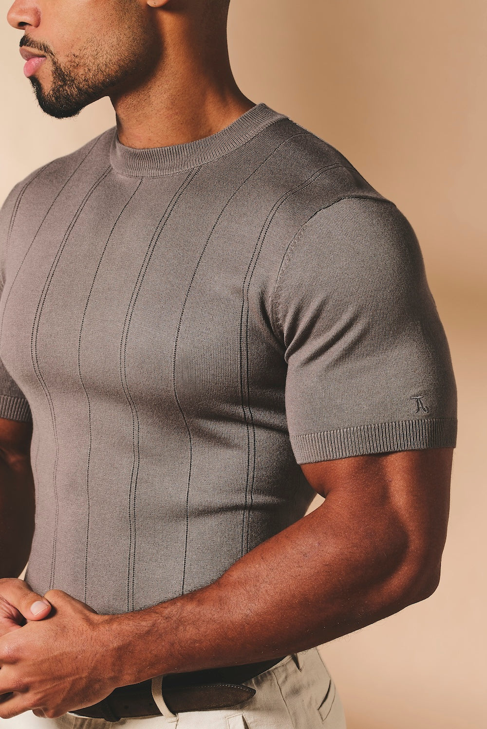 Vertical Stripe Knitted T-Shirt in Taupe