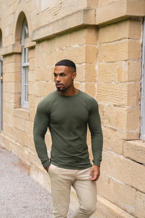 Muscle Fit Long Sleeve T-Shirt in Khaki