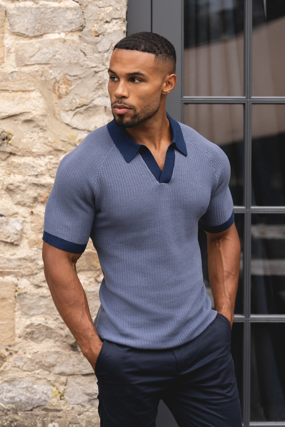 Contrast Textured Knitted Polo Shirt in Slate Blue