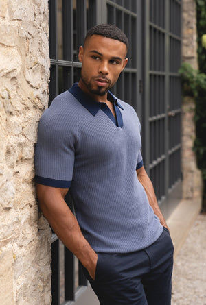 Contrast Textured Knitted Polo Shirt in Slate Blue