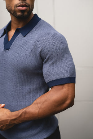 Contrast Textured Knitted Polo Shirt in Slate Blue