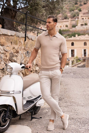 Contrast Textured Knitted Polo Shirt in Stone - TAILORED ATHLETE - ROW