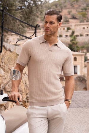 Contrast Textured Knitted Polo Shirt in Stone - TAILORED ATHLETE - ROW