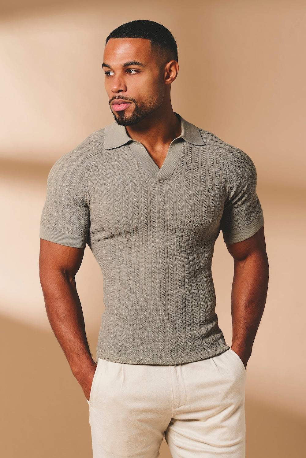Vertical Stripe Knitted Open Collar Polo Shirt in Mole