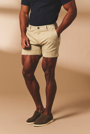 Muscle Fit Stretch Chino Shorts - Shorter Length in Stone
