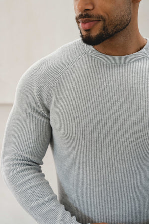 Pure Cotton Knitted Textured Crew Neck Jumper in Silver Grey Marl