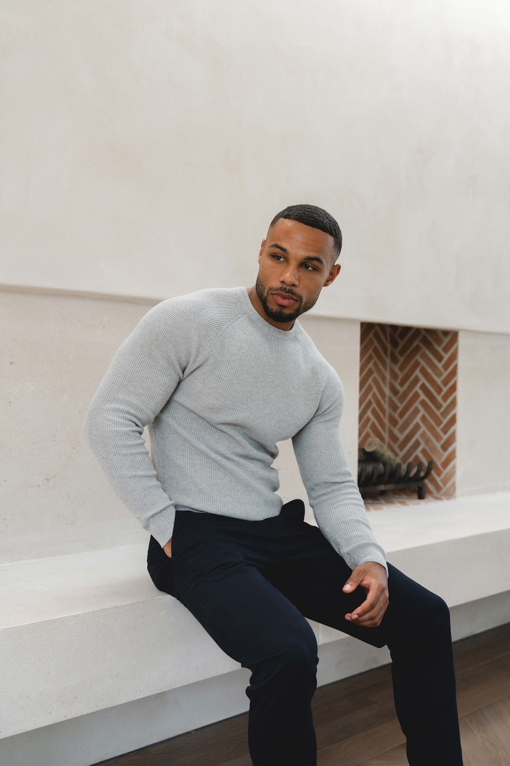 Pure Cotton Knitted Textured Crew Neck Jumper in Silver Grey Marl