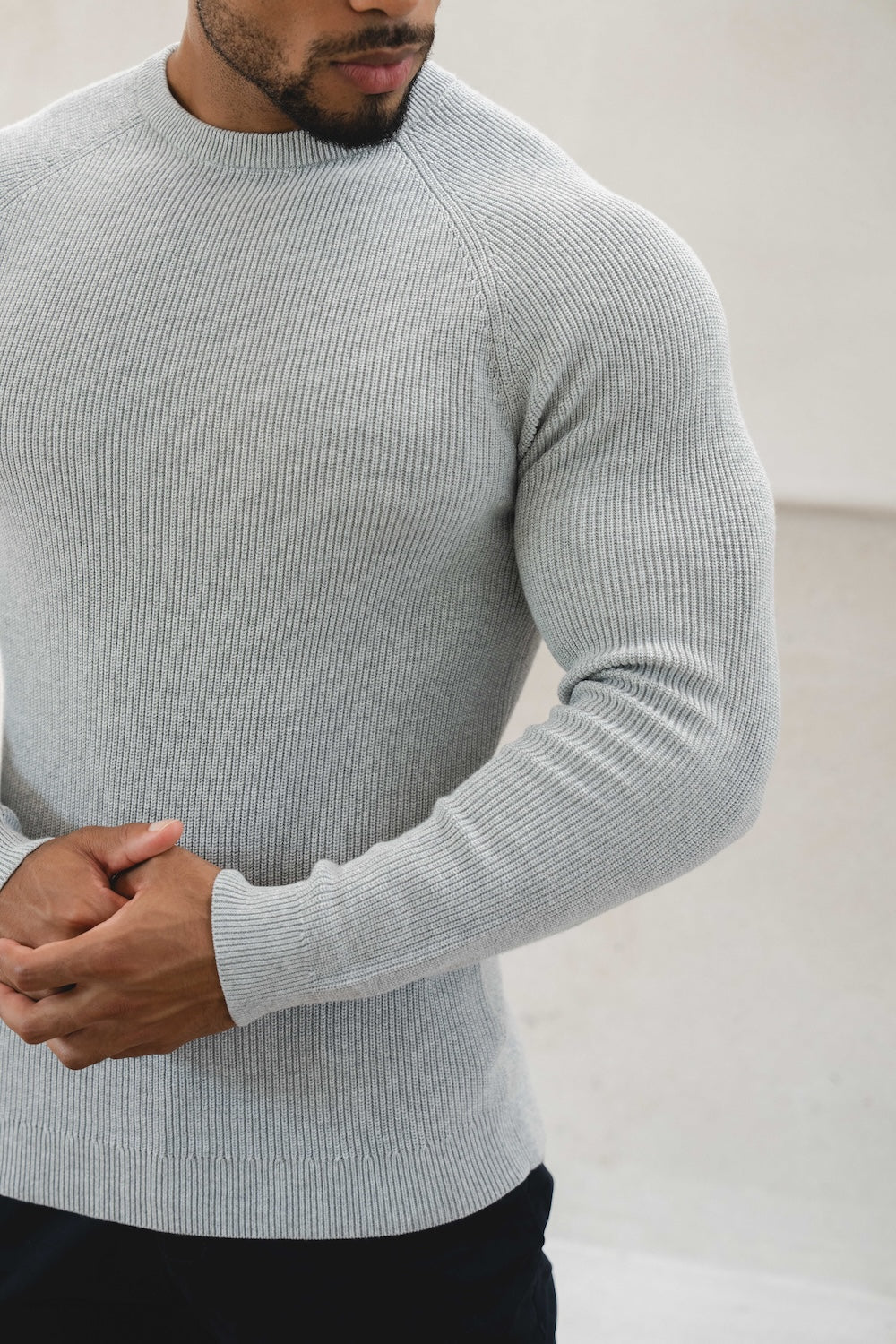 Pure Cotton Knitted Textured Crew Neck Jumper in Silver Grey Marl