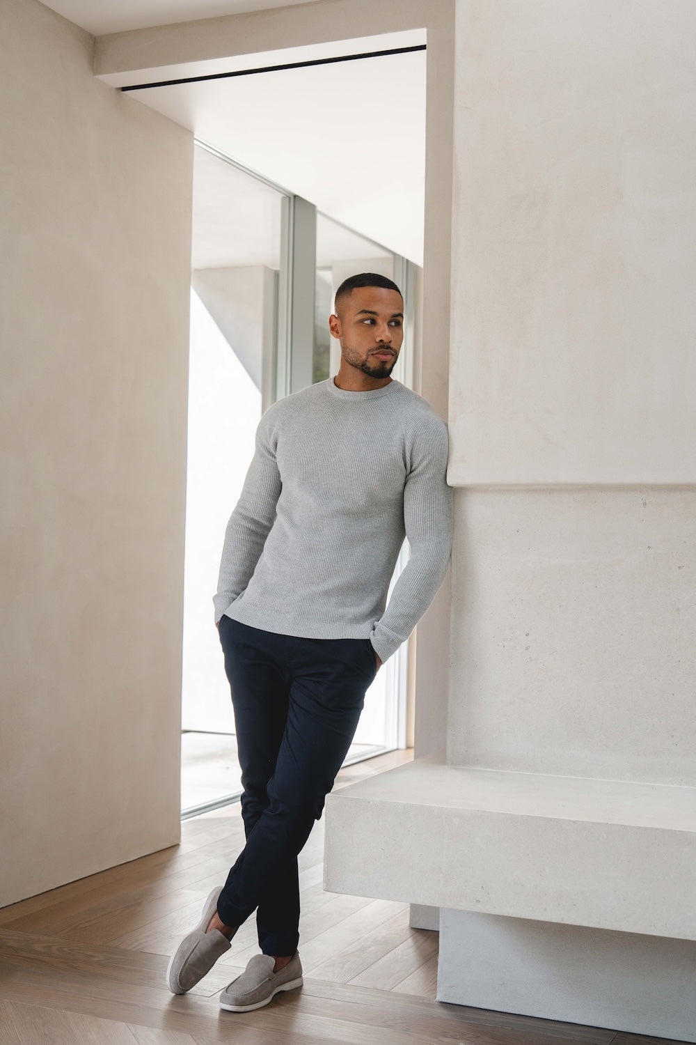 Pure Cotton Knitted Textured Crew Neck Jumper in Silver Grey Marl