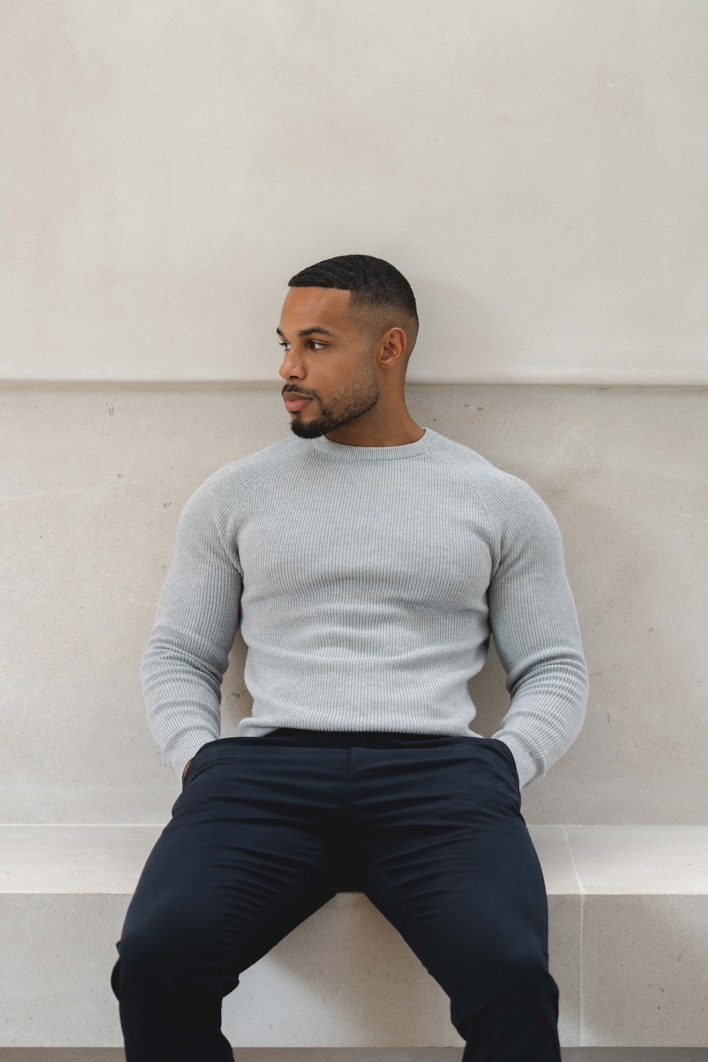 Pure Cotton Knitted Textured Crew Neck Jumper in Silver Grey Marl
