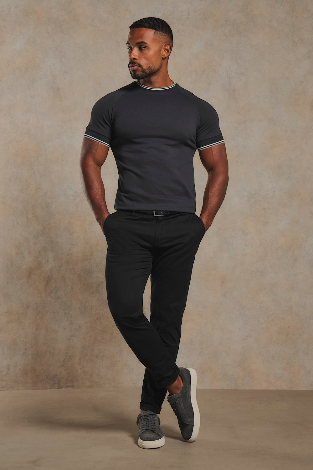 Textured Tipped T-Shirt in Charcoal with White & Grey Tipping