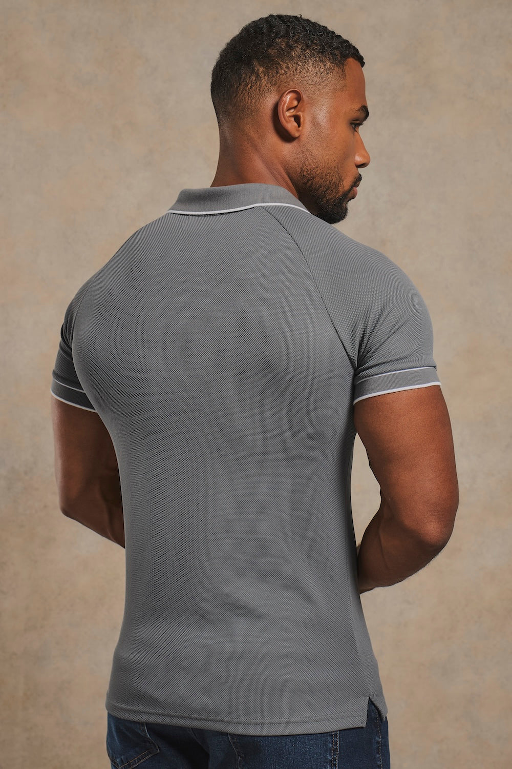 Tipped Textured Open Collar Polo Shirt in Grey and White