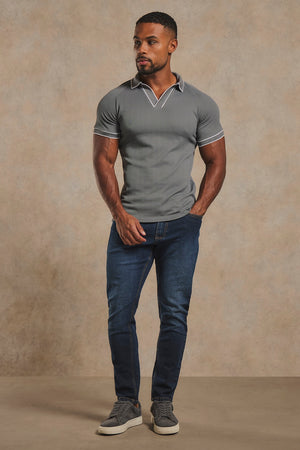 Tipped Textured Open Collar Polo Shirt in Grey and White