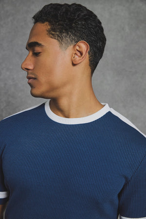 Textured Colour Blocked T-Shirt in Navy and White