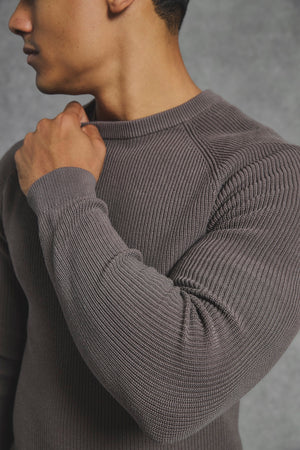 Pure Cotton Knitted Textured Crew Neck Jumper in Truffle