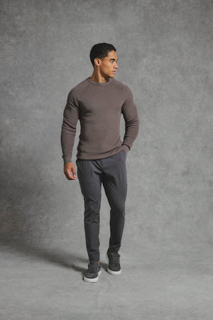 Pure Cotton Knitted Textured Crew Neck Jumper in Truffle