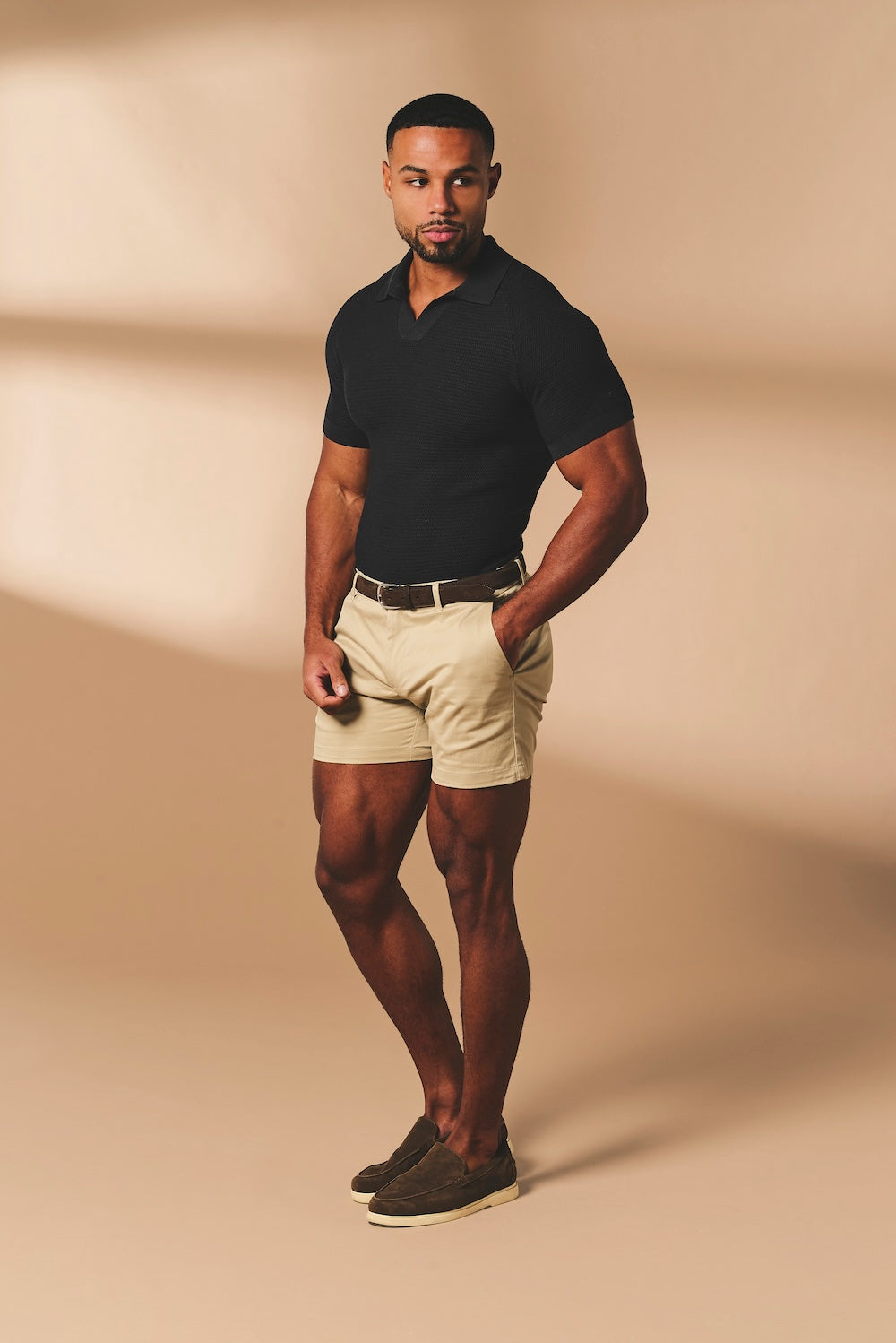 Textured Knitted Open Collar Polo Shirt in Black