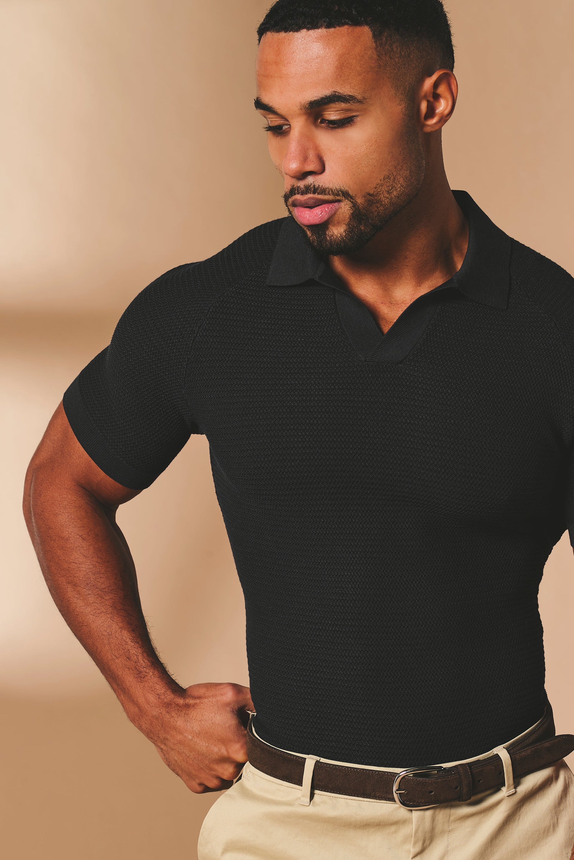 Textured Knitted Open Collar Polo Shirt in Black