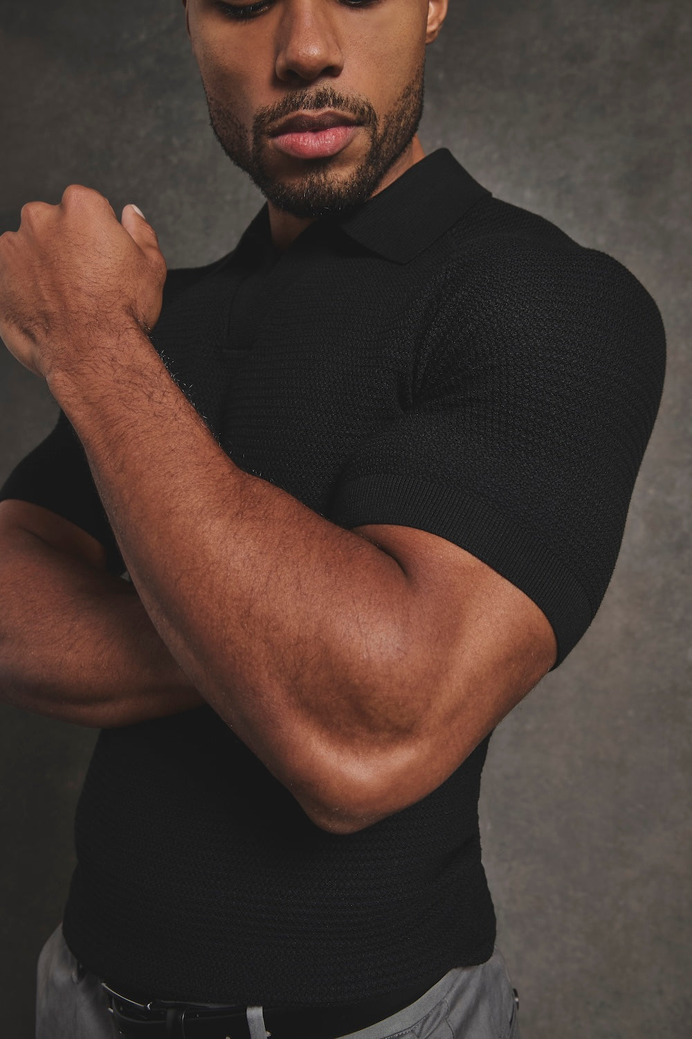 Textured Knitted Open Collar Polo Shirt in Black