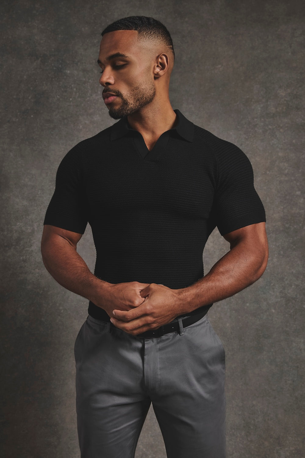 Textured Knitted Open Collar Polo Shirt in Black