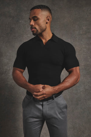 Textured Knitted Open Collar Polo Shirt in Black