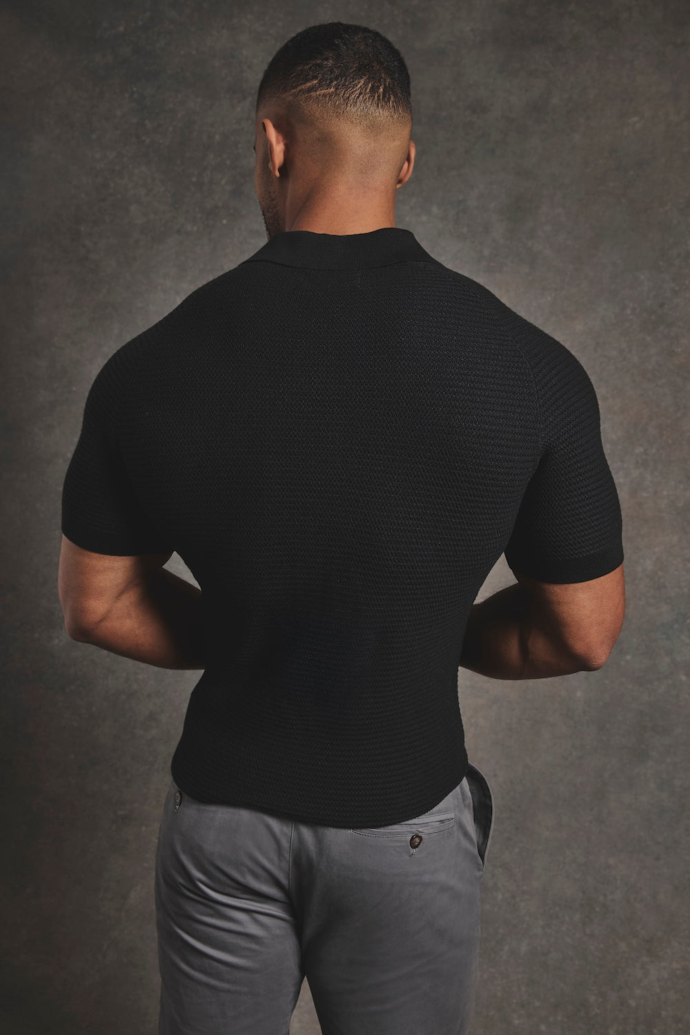 Textured Knitted Open Collar Polo Shirt in Black
