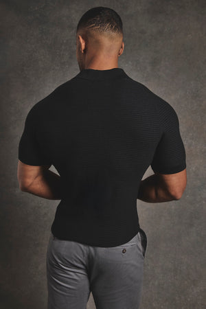 Textured Knitted Open Collar Polo Shirt in Black