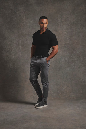 Textured Knitted Open Collar Polo Shirt in Black