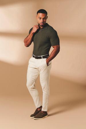 Textured Knitted Open Collar Polo Shirt in Dark Olive
