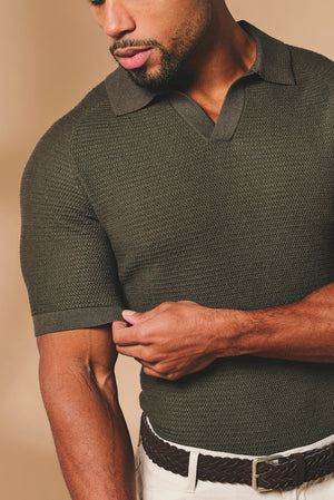 Textured Knitted Open Collar Polo Shirt in Dark Olive