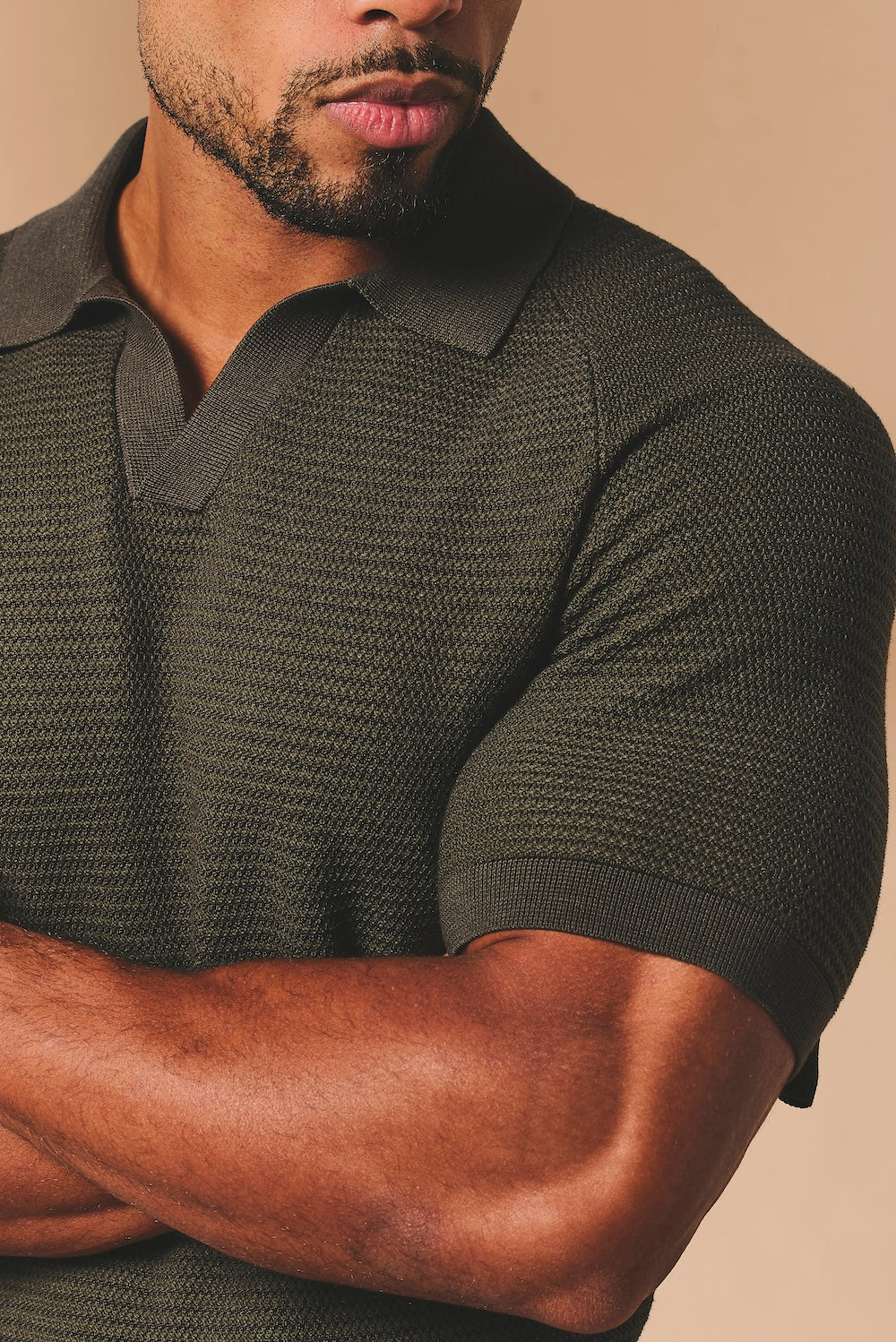 Textured Knitted Open Collar Polo Shirt in Dark Olive