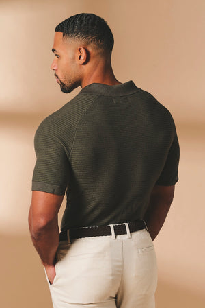Textured Knitted Open Collar Polo Shirt in Dark Olive