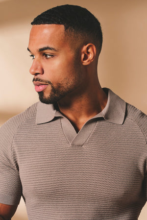Textured Knitted Open Collar Polo Shirt in Mink