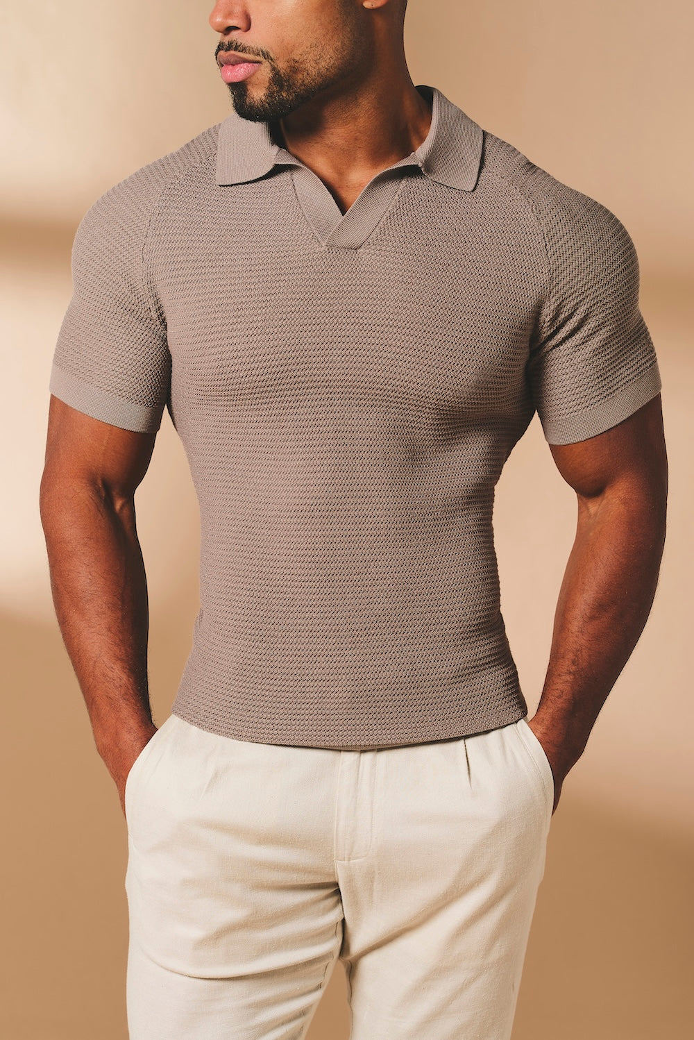 Textured Knitted Open Collar Polo Shirt in Mink