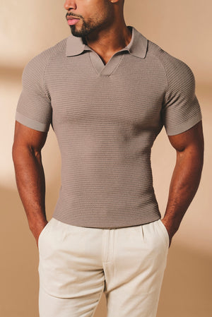 Textured Knitted Open Collar Polo Shirt in Mink