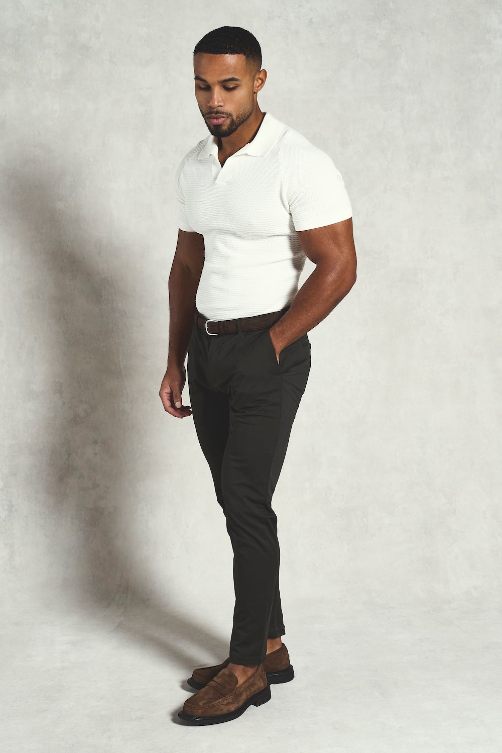 Textured Knitted Open Collar Polo Shirt in Off White