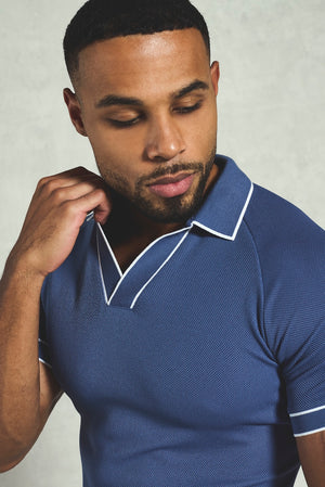Tipped Textured Open Collar Polo Shirt in Airforce and White