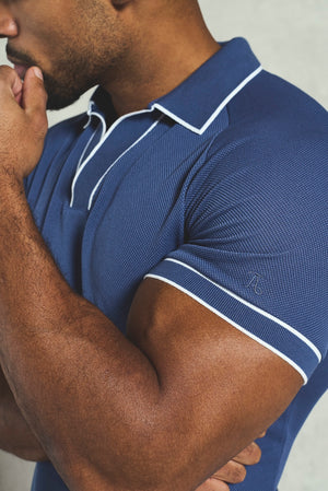 Tipped Textured Open Collar Polo Shirt in Airforce and White