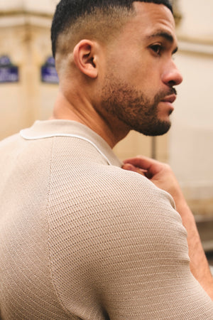 Textured Tipped Knitted Zip Neck Polo Shirt in Stone and White Tipping
