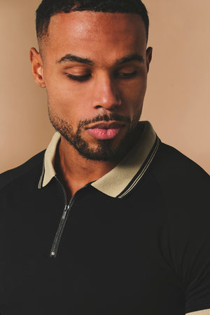 Tipped Zip Neck Polo in Black and Stone