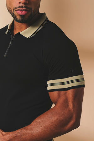 Tipped Zip Neck Polo in Black and Stone