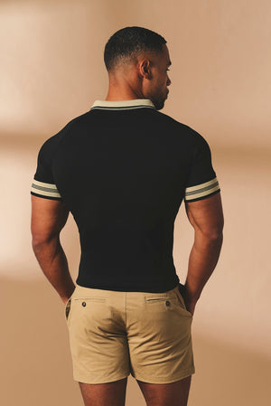 Tipped Zip Neck Polo in Black and Stone