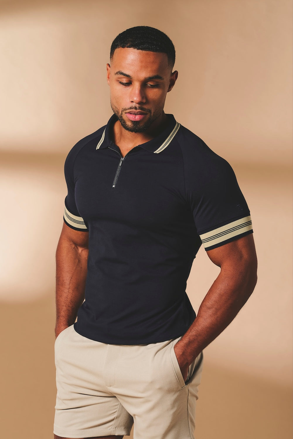 Tipped Zip Neck Polo in Navy and Stone