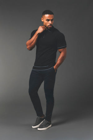 Tipped Knitted Zip Neck Polo Shirt in Black