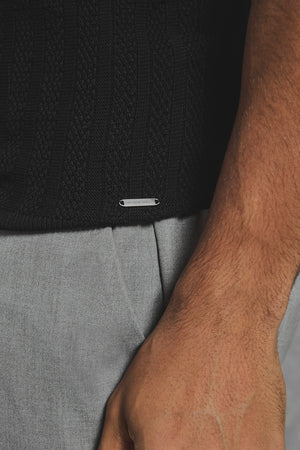 Vertical Stripe Knitted Open Collar Polo Shirt in Black